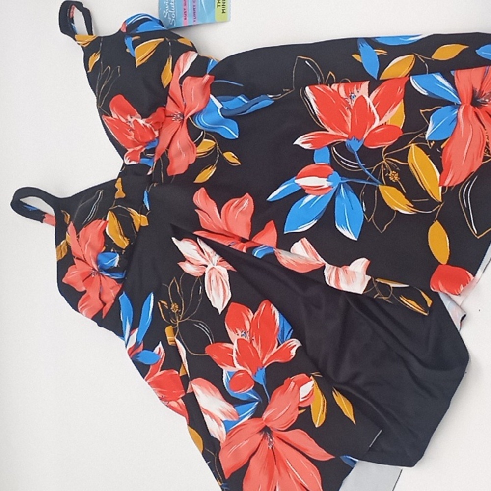 Swim Solutions Floral Park Tummy Control One-Piece Swimdress Black 14